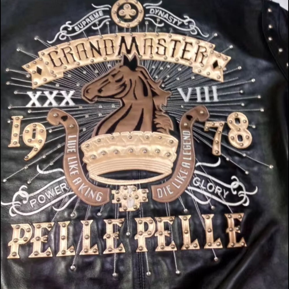 Authentic Leather Pelle Pelle Black Jacket with Gold and Silver Details